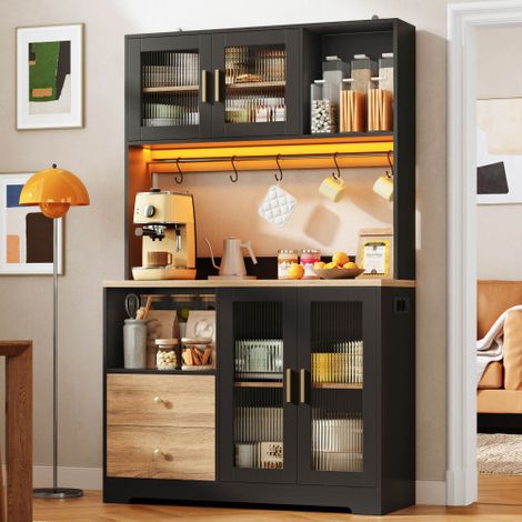 Mobile da cucina da 178 cm, pensile con illuminazione a LED, ripiano con presa elettrica, vetrina con ante in vetro temperato, portabottiglie, nero con piano di lavoro rinforzato effetto legno. (1/5)