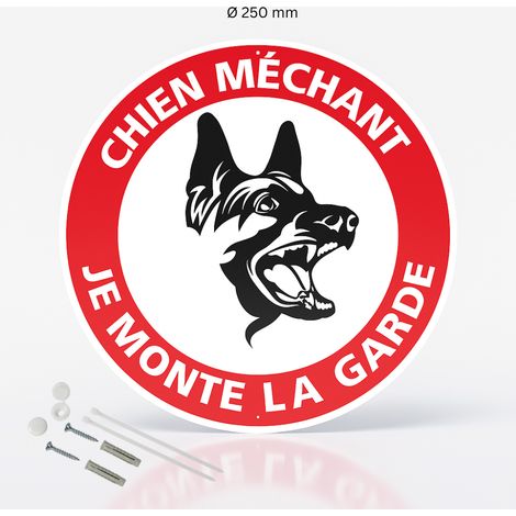 Chien méchant je monte la garde panneau de signalisation rond en pvc rigide prépercé avec kit de fixation complet - Diamètre 250 mm (1/5)