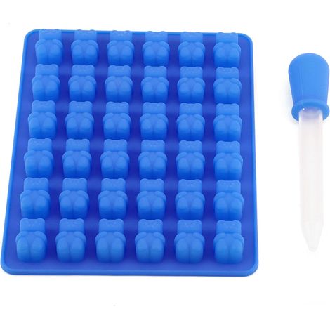 Moule à glaçons en silicone en forme d'ours, pour glace, chocolat et crème, avec compte-gouttes bleu foncé.
