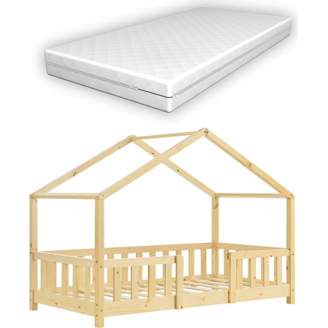 Kinderbett Treviolo 70x140 cm mit Kaltschaummatratze und Gitter Holz Natur [en.casa]