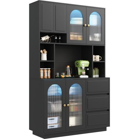 Credenza alta, mobile contenitore da cucina con ante in acrilico ad arco, mobile bar con scomparti a giorno, mobile con illuminazione a LED a colori regolabili tramite app, mobile dispensa per soggior (1/5)