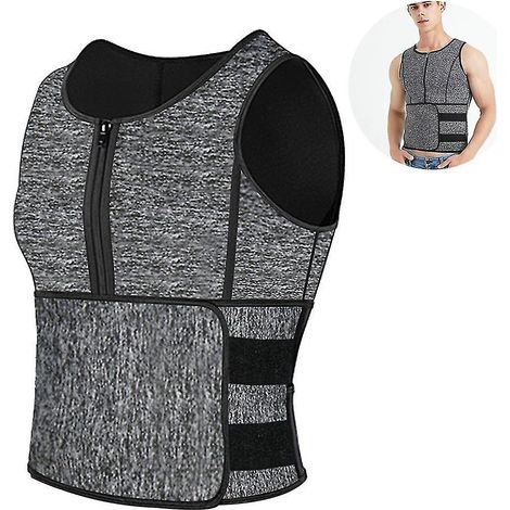 Gilet de sudation en néoprène pour homme avec fermeture éclair et ceinture corset en lin - Taille L, gris (1/5)