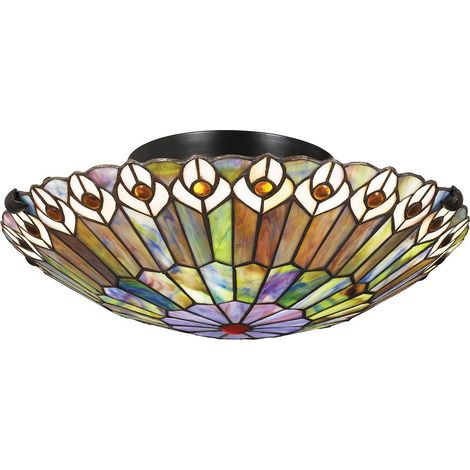 Elstead Quoizel Watkins Plafonnier style Tiffany Valiant Bronze, abat-jour en verre artistique 2x E27