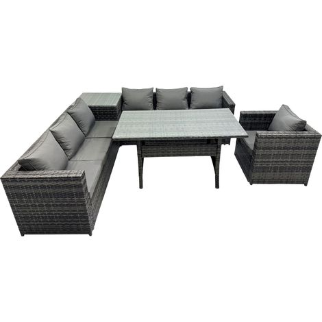 Fimous 7 Seater Outdoor Corner Sofa Chair Dining Table Set Garden Rattan Furniture Set with Side Table Dark Grey (1/5)