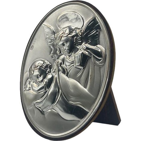 Quadretto Quadro da tavolo mobile legno e argento angeli ovale 11 x 8 cm (1/2)