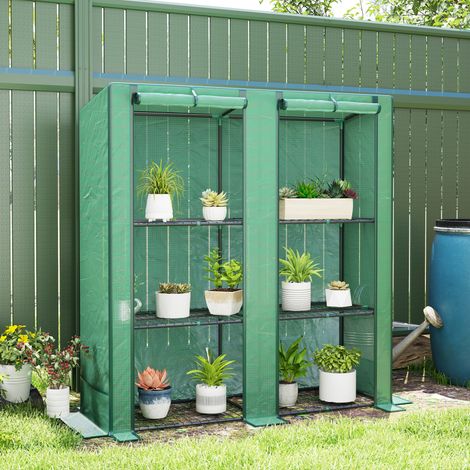 Serre de jardin métallique 3 étages avec étagères, abri de balcon en PE, toit en pente, 144x48x152 cm, vert (1/5)