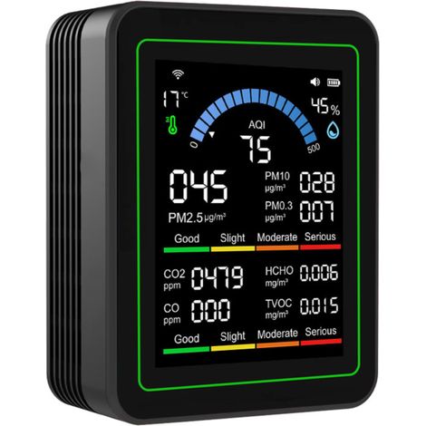 Tester di qualità dell'aria WiFi 10 in 1, schermo TFT a colori da 2,8 pollici, misura PM2.5, PM10, PM0.3, HCO3, TVOC, CO2, temperatura e umidità, batteria integrata.