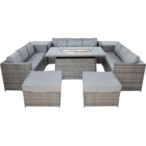 Rattan Gartenmöbel 11-Sitzer Grau Sofa Hocker Gas Feuerstellen