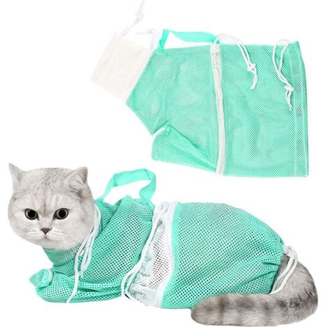 Sac De Bain Pour Chat - Maille Respirante - Poignée Intégrée - 4 Cordons Réglables - Vert Et Blanc - 1 Pièce