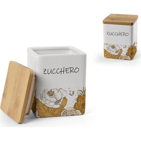 BARATTOLO QUADRATO PER ZUCCHERO IN CERAMICA CON TAPPO IN LEGNO 10X13 CM ROSE