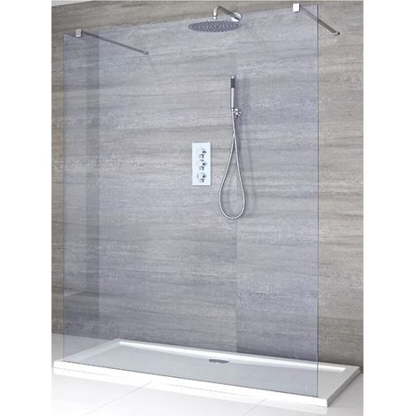 Milano Portland-Luna Chrome Floating Walk In Frameless Wet Room Shower Enclosure with Smoked Glass Screen Support Arms and White Tray - 1400mm x 900mm (1/5)