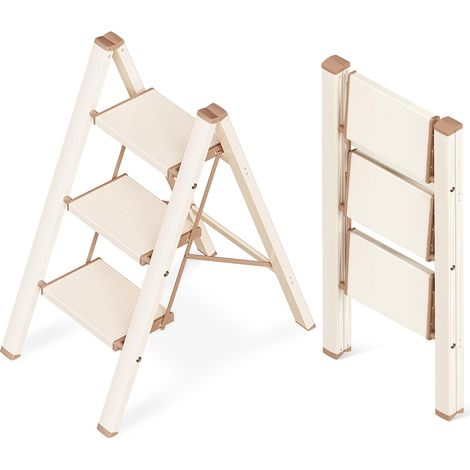 Escabeau 3 Marches, Tabouret Pliante avec Pédale Antidérapante Échelle Pliable, Aluminium, Léger mais Robuste, Facile à Ranger, Capacité 150kg, Usage en Cuisine à Domicile, Chocolat Crème (1/5)