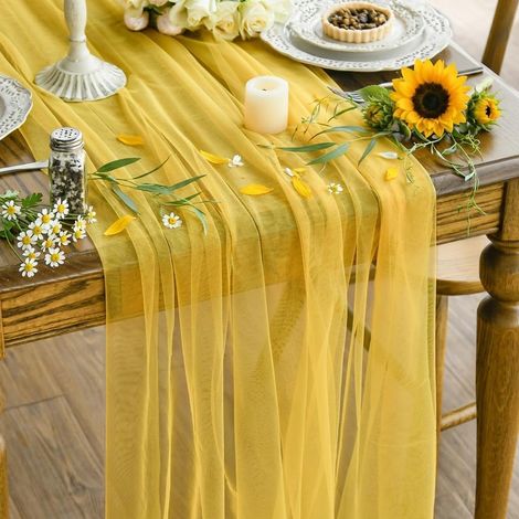 Camino de mesa de gasa amarillo brillante - 150 x 300 cm - Estilo bohemio - Para verano, cocina, comedor (1/5)