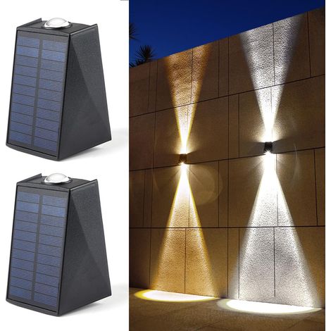 Appliques murales solaires d'extérieur, 1200 mAh, 3000/6500 K, étanches IP65, pour clôture, porche, patio, garage,pergola, jardin (bicolore, lot de 2) (1/5)
