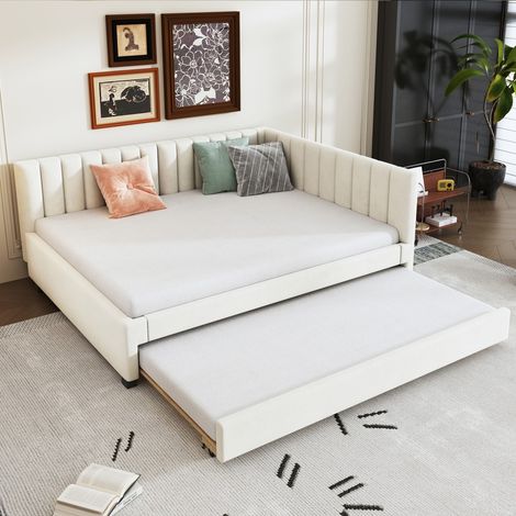 Lit Rembourré 140x200 Canapé-lit Gigogne Multifonction Velours avec Sommier - beige Lit Double (sans Matelas) (1/5)