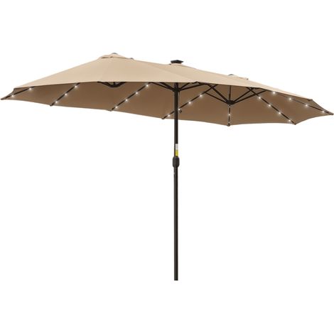 Doppelter Gartenschirm 4,5 m mit 48 LED-Leuchten und Kurbel, Khaki, Sonnenschirm