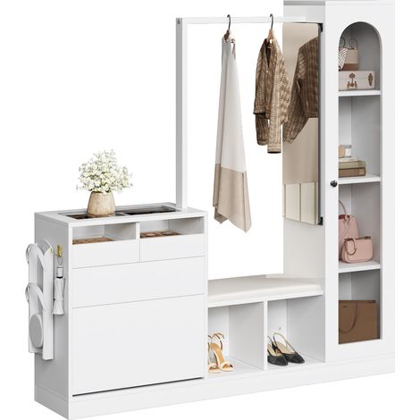 Meuble d'entrée 6-en-1 avec coiffeuse, penderie, banc à chaussures, armoire à chaussures relevable, vitrine en verre et LED, blanc pour entrée et chambre CHICFURN (1/5)