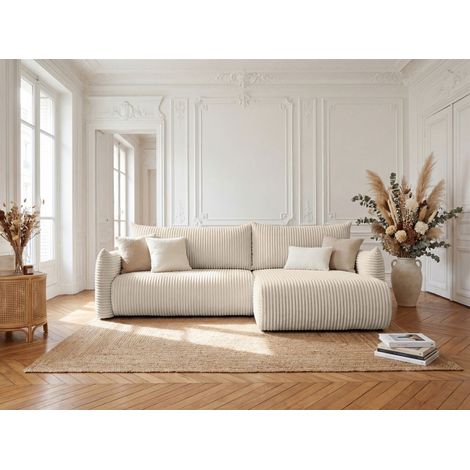 Ecksofa Schlafsofa MAILAND in Stoff Tilia Ecru Ottomane Rechts