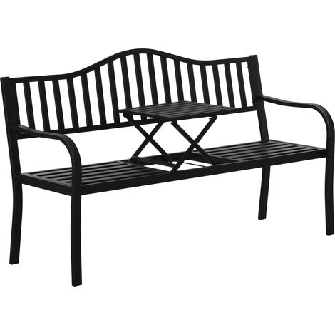 Panchina da Giardino 2-3 Posti 150x58,5x90cm con Tavolino Sollevabile in Metallo Nero (1/5)