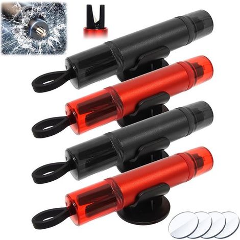 Set de 4 marteaux de sécurité – Rouge/noir – Brise-vitre et coupe-ceinture – Verre test et support inclus – Voiture (1/5)