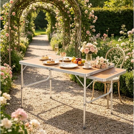Table pliante portable réglable en hauteur en aluminium et MDF imitation bambou pour extérieur (1/5)