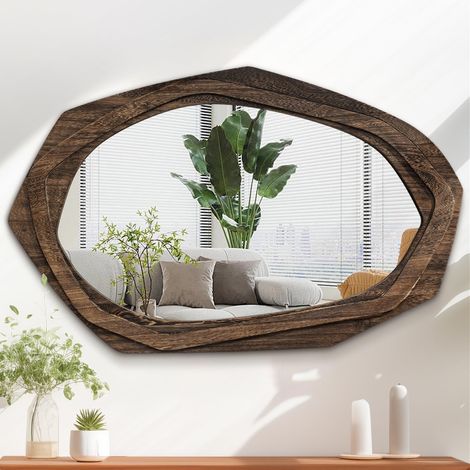 Grand miroir mural asymétrique avec cadre rétro en bois - Miroirs suspendus irréguliers pour salle de bain, chambre à coucher, salon, entrée - 70 x 45 cm (L x l) (1/5)