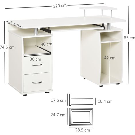 Bureau d'ordinateur avec tablette pour clavier et écran, 2 tiroirs, 120 x 55 x 85 cm, blanc (1/5)