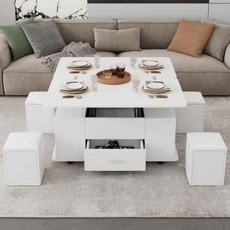 Table basse relevable 100x50 cm blanche avec tiroir 4 tabourets (1/5)