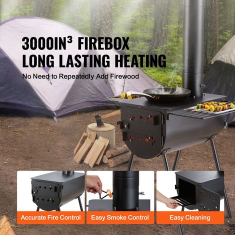 Poêle à bois camping tente acier alliage, 3 m, transportable avec tubage et gants, foyer 49161 cm³, chauffage extérieur et cuisson, 8 conduits (1/5)