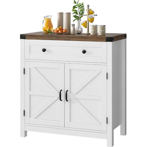 Meubles de rangement de style campagnard avec tiroirs et étagères réglables, armoires de cuisine blanches avec comptoirs en noyer, consoles modernes pour coin café dans la cuisine, la salle à manger,  (1/5)