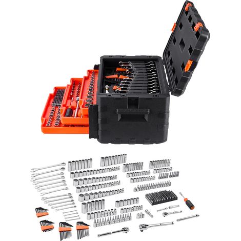Mophorn Kit de 450 piezas de herramientas mecánicas con vasos profundos y estándar de 6,4/9,5/12,7 mm, conjunto de herramientas métricas SAE con puntas, llaves, accesorios y estuche con cajón naranja