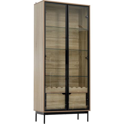 Armoire haute avec porte vitrée, étagères en verre réglables, tiroir spacieux et pieds métalliques pour salon, chambre et couloir (1/5)