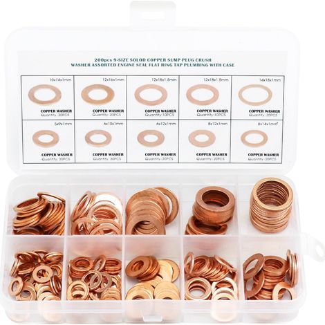Ensemble de Rondelle Cuivre Plates M5-M14, 200 Pièces Joint Cuivre Joints Vidange Utilisé avec Boîte de Rangement, 9 Tailles (M5 M6 M8 M10 M12 M14 M16 M20) (1/5)