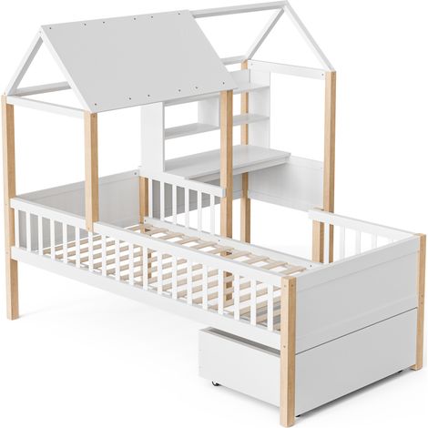 Cama tipi infantil 90 x 200 cm con escritorio en L, estantería, cajones y somier, blanco y madera (1/5)