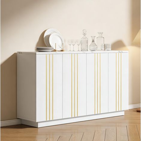 Buffet 4 portes avec cloison réglable, blanc et or, 35 x 140 x 70 cm (1/5)