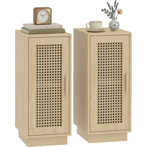 Lot de 2 Tables de Chevet, Étagère Réglable et Porte en Résine Tressée, Style Bohème, 25 x 30 x 60 cm, Bois Naturel (1/4)