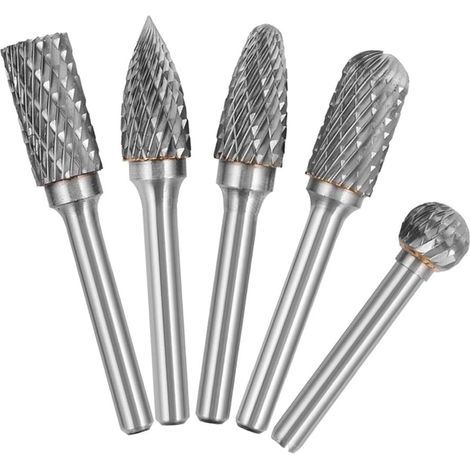 Juego de 5 piezas de fresas rotativas de doble filo, de carburo de tungsteno, con vástago de 6 mm y cabezal de 10 mm, para trabajar la madera, grabar, lijar y tallar. (1/5)