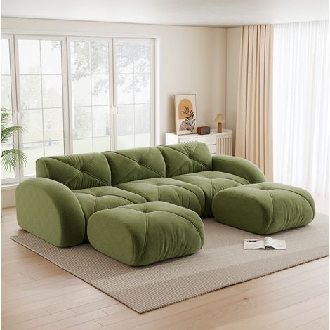 Sofá modular en U de 3 plazas con 2 pufs, tela chenilla verde, sin montaje DESVIAE (1/5)