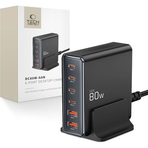 Chargeur de bureau 6 ports Tech-protect DC80W-GAN PD80W/QC3.0 noir (1/5)