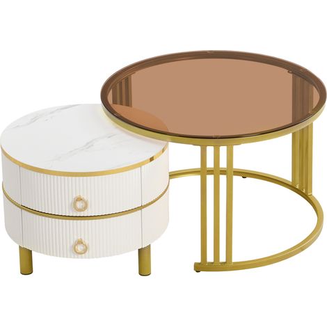 Mesa de centro redonda 2 en 1 de MDF y vidrio templado con 2 cajones, blanco y dorado (1/5)