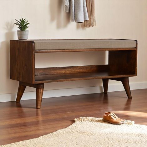 Banc de rangement nordique en bois massif lin boue, 1 grande fente ouverte, Brun