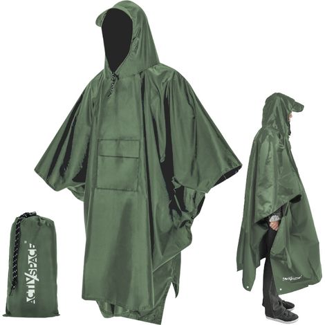 Poncho impermeable con capucha para la lluvia, color verde.