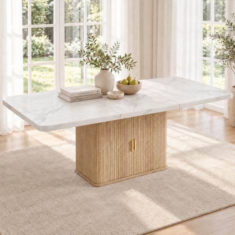 Table de salle à manger extensible 150/200 x 90 cm, idéale pour 6 à 8 personnes, avec espace de rangement, plateau épais, style scandinave, finition marbre blanc et chêne. (1/5)