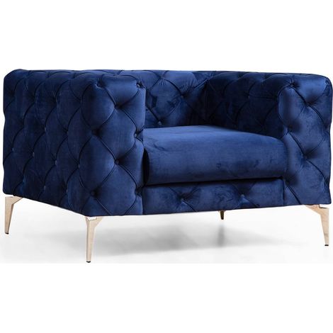 Fauteuil capitonné velours bleu marine et pieds chromés Herakles 108cm (1/4)