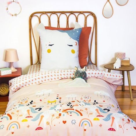 Parure de lit imprimée - COTE DECO - Licorne cœur rose - 140x200 cm - Housse + Taie - Microfibre