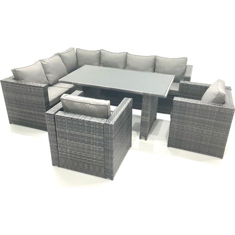 Fimous Dark Grey Outdoor Lounge Rattan Corner Sofa Set Garden Furniture Rectangular Dining Table Chair (1/5)