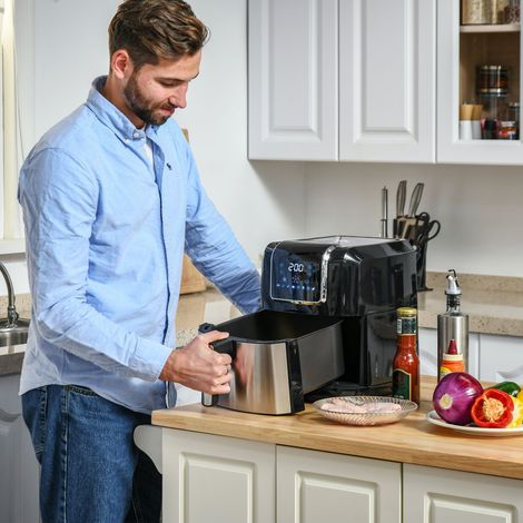 Friteuse à air chaud double zone 6,5 L, 1700 W, 2 compartiments, 8 programmes, écran LED, revêtement antiadhésif, compatible avec les friteuses à huile, noire (1/5)
