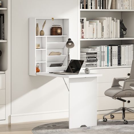 Bureau mural rabattable, table murale escamotable avec étagères pour séjour, salle à manger, espace de travail, 93,8 x 60 x 147 cm, blanc (1/5)