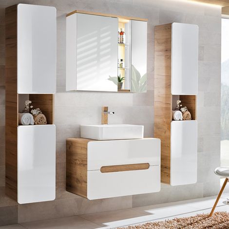 Badezimmer Set LUTON-56 Hochglanz weiß, Wotan Eiche Nb. mit Keramik-Waschtisch B/H/T ca. 180/195/46 cm (1/5)
