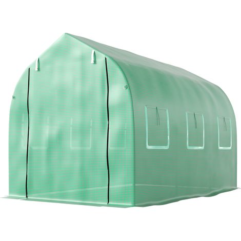 Serre tunnel jardin 6 m² 6 fenêtres porte à éclair toile PE structure métal vert